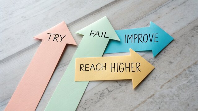 Four Colored Arrows with Motivational Words for Personal Growth and Development on a Light Wooden Surface