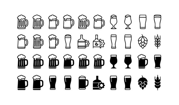 Minimalist beer mug icons with foam and drinking glass symbols black and white