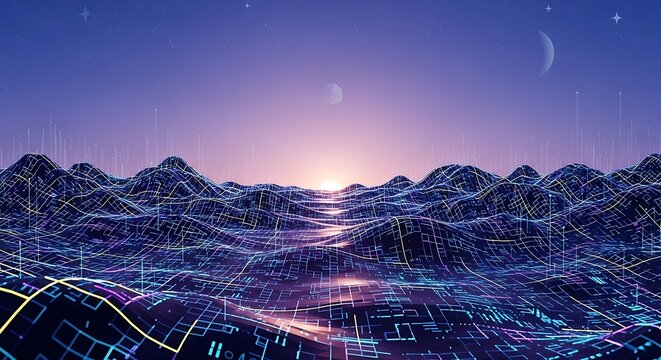 Futuristic digital landscape with glowing wireframe mountains and data horizon.