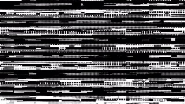 Black and white digital glitch distortion background with horizontal noise lines, visual video effects stripes background, tv screen noise glitch effect, premium retro video damage, 4k loop