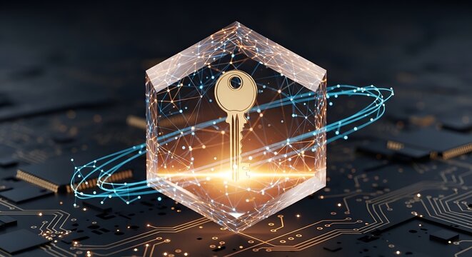 Cyber Security Digital Encryption Key A golden key locked inside a transparent 3D glass hexagon structure floating over a circuit board background.