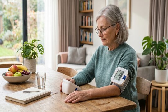 Senior Woman Checking Blood Pressure at Home with Digital Monitor, Healthy Aging Lifestyle and Personal Healthcare Management Concept