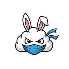 Fototapeta premium Ninja rabbit cloud mascot vector illustration featuring a fluffy white cloud shaped like a bunny head with angry eyes, a blue face mask, long ears, and blue headband ribbons.