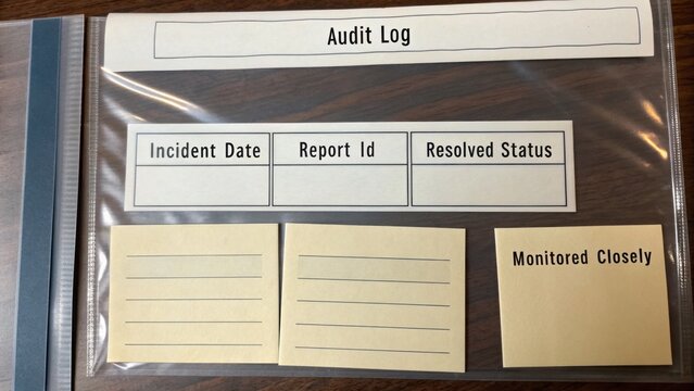 Organized Audit Log Template with Sections for Incident Date, Report ID, Resolved Status and Monitoring Notes for Record Keeping