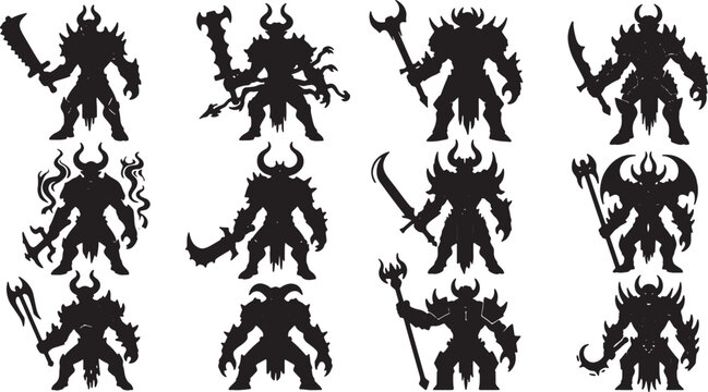 Collection of twelve dark fantasy warrior silhouettes with horned helmets and spiked armor, wielding various weapons like greatswords and battle axes on a white background.