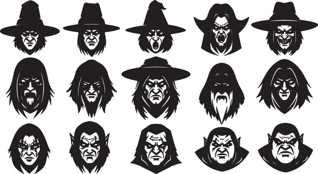 Collection of 15 black and white horror character head icons featuring witches with hats, wizards, fanged vampires, and monstrous goblin faces for Halloween and fantasy graphic design.