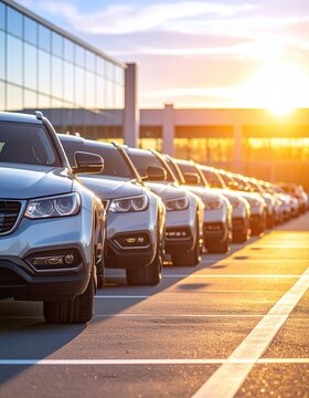 A pristine row of modern SUVs parked in a dealership lot at sunset. This highquality image illustrates fleet vehicle selection, automotive sales, transport, and commercial success.