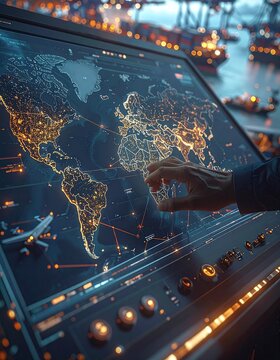 A hand controls a futuristic digital world map showcasing glowing trade routes and shipping lanes on a modern console, symbolizing global logistics and supply chain management.