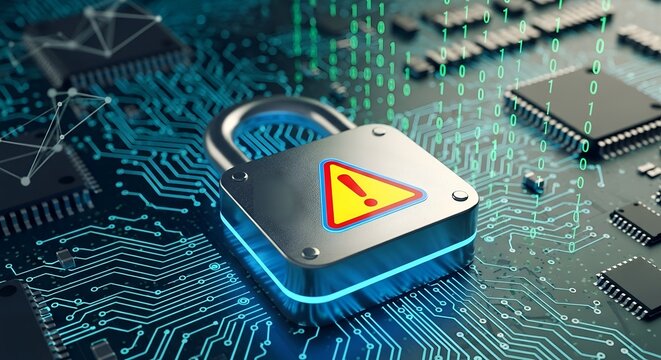Cyber Attack A heavy metallic padlock with a glowing red warning sign on a circuit board.