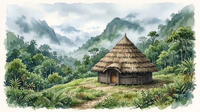 Watercolor Illustration of Papuan Honai Round Traditional House in Misty Highland Jungle