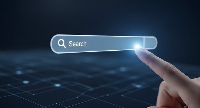 Web Search A finger touching a glowing digital search bar floating over a dark network.