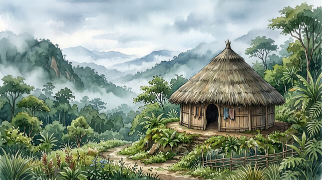 Watercolor Illustration of Papuan Honai Traditional Round House in Tropical Rainforest