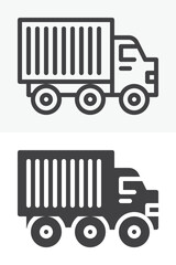 Fototapeta premium Lorry truck icon in line outline and solid icon versions. Editable stroke vector sign symbol showing cargo box truck icon for transport and logistics use.