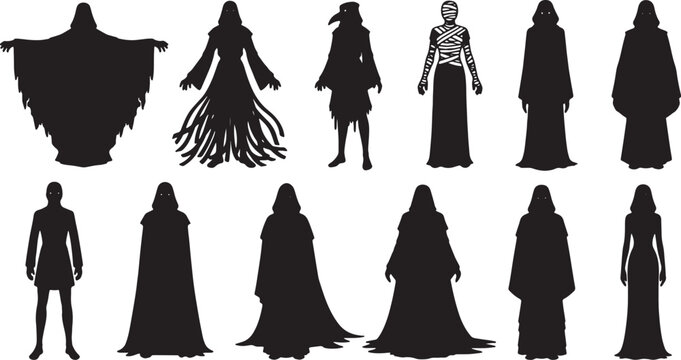 Silhouette collection of mystical and horror characters including a plague doctor, mummy, hooded reapers, cloaked sorcerers, and spooky phantoms isolated on a white background.