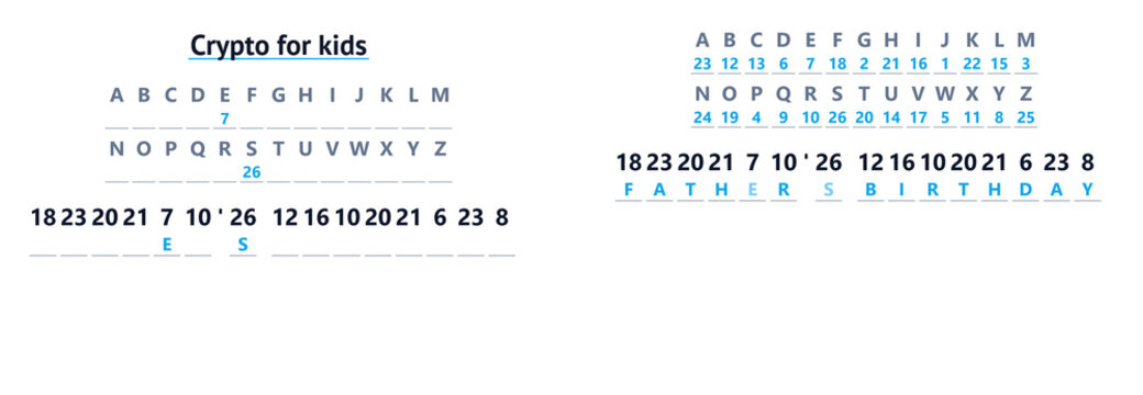 Cryptographic cipher puzzle worksheet for kids № 0406-2 in minimalist digital graphic style with white blue and black colors representing educational brain teasers [with copy space]
