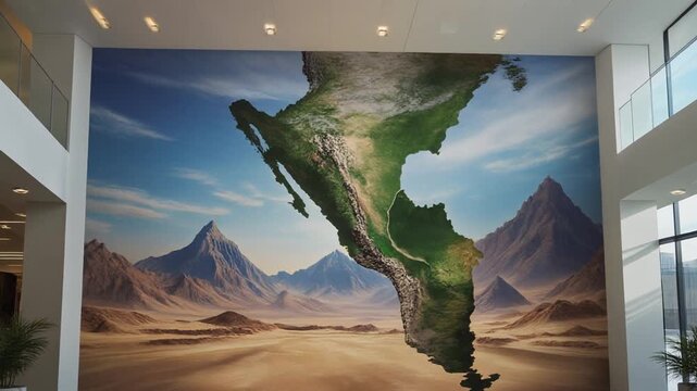 Modern interior lobby featuring a large peru map mural wall