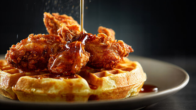 Fried chicken and waffles with syrup drizzle on white plate