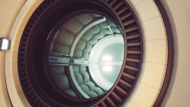 Crew sleep module inside space station, padded berth and rounded viewport, restful cabin atmosphere, private rest scenario for astronaut crew implied
