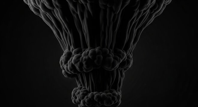 Matte ebony smoke cascades downward in dense fog folds. The dark clouds feature smooth organic movement against a deep black background, veil, flow, artistic