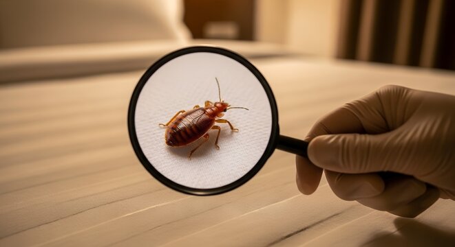 Pest Inspection A hand using a magnifying glass to inspect a bedbug on a white mattress.
