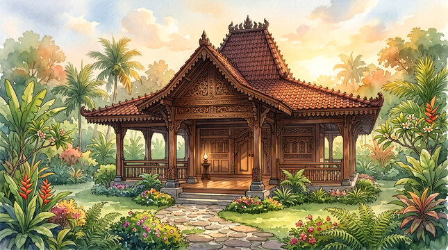 Beautiful Watercolor Illustration of Javanese Joglo House Surrounded by Tropical Garden at Sunset