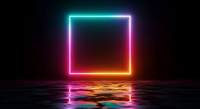 Neon Reflection A glowing multi-colored square light reflecting on a dark water surface.