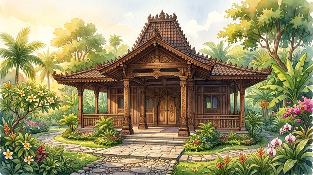 Beautiful Watercolor Illustration of Javanese Joglo Traditional House with Tropical Flower Garden