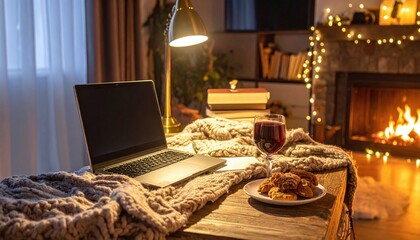 Obraz premium Cozy home workspace featuring a laptop, red wine, cookies, and a warm knit blanket on a wooden table before a roaring fireplace. Perfect concept for comfort, remote work, and hygge.