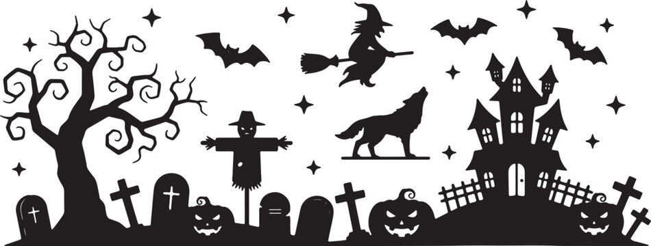 Black Halloween silhouette illustration featuring a haunted mansion, spooky gnarled tree, flying witch, howling wolf, scarecrow, jack-o-lanterns, bats, and graveyard tombstones.