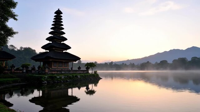 Sunrise at Pura Ulun Danu Bratan Temple on Lake Beratan Bali Indonesia Hindu Balinese Culture