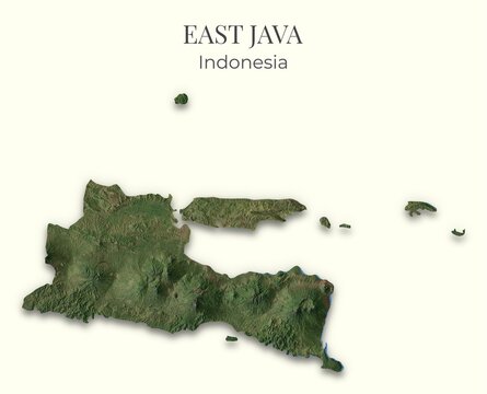 East Java, Indonesia Relief Map. Hillshaded physical map. Shaded Terrain illustration of East Java, Indonesia. Elements of this image derrived from NASA imagery and SRTM dataset.