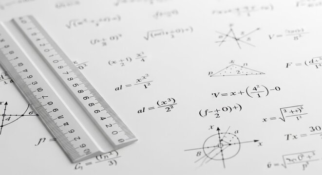 Detailed mathematical formulas and geometric diagrams with a precision ruler on a white background, showcasing the foundations of science and education.