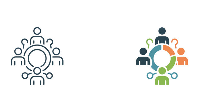 Team brainstorming and group analysis icon set showing people around circular pie chart for collective problem solving and data driven decision making