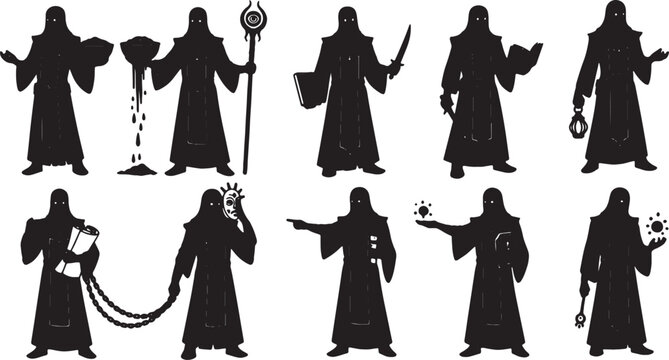 Collection of ten black silhouettes featuring hooded fantasy characters in robes holding magical artifacts, staffs, books, daggers, and occult symbols isolated on a white background.