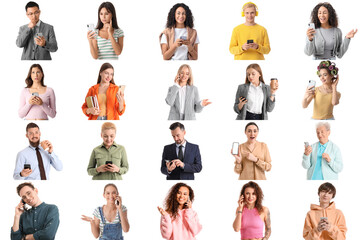 Obraz premium Collage of different people with modern mobile phones on white background