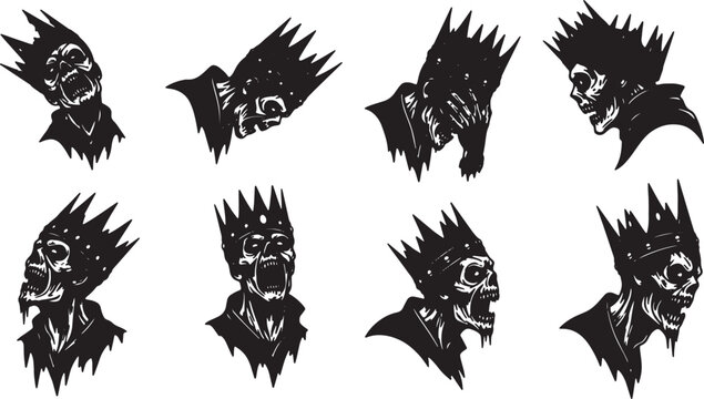Vector silhouette collection of eight undead skeletal kings wearing crowns. Set of horror-themed zombie profiles with open mouths in various expressive poses against a white background.