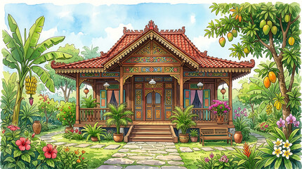 Obraz premium Watercolor Illustration of Betawi Traditional House with Colorful Ornaments and Tropical Garden