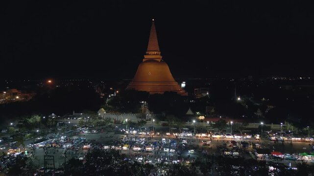 Nakhon Pathom Night Market and Phra Pathom Chedi  Static Wide Aerial Establishing Shot in 4k