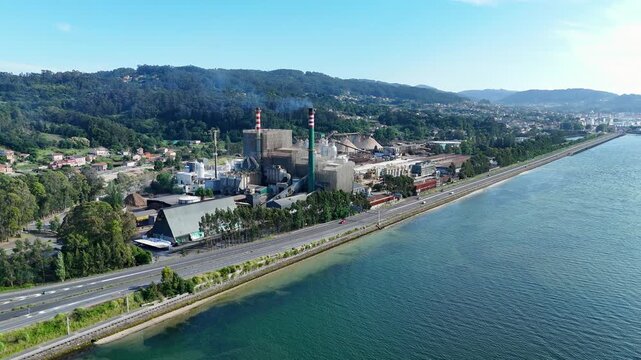Aerial view of a large paper mill factory in Pontevedra, Spain