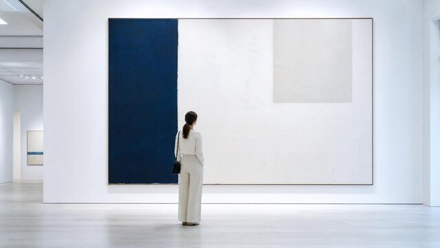Young Woman Standing in Front of Large Minimalist Abstract Painting in Modern Art Gallery