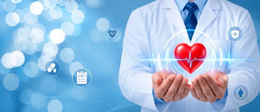 Cardiologist Protecting Heart Health with ECG Heartbeat Symbol and Preventive Healthcare Concept Banner
