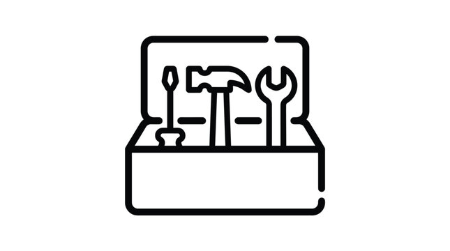 Professional black and white vector illustration of a sturdy open toolbox containing essential mechanical tools
