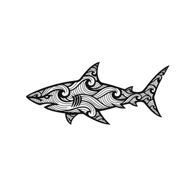 Tribal Shark Silhouette Illustration with Intricate Ocean Wave Patterns and Swirls. Black and White Decorative Sea Predator Graphic Vector Isolated on White Background.