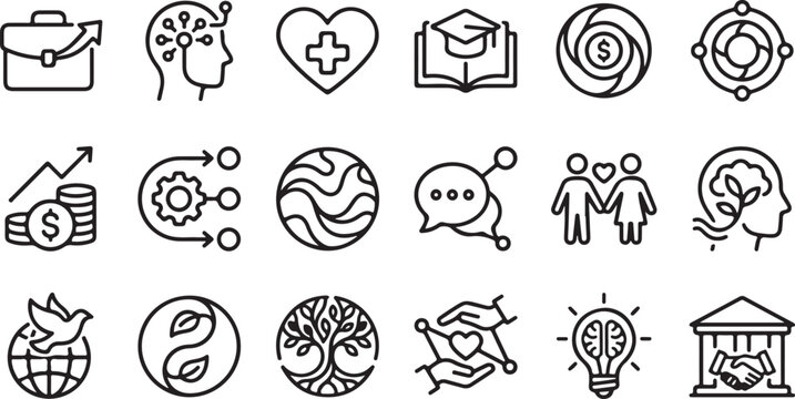Collection of diverse icons representing business growth education finance and well-being concepts with a clean line style