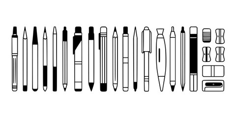 Obraz premium Pens and Pencils in Various Styles and Designs Featuring Writing Tools, Drawing Tools, Black and White with Vector and Illustration Elements