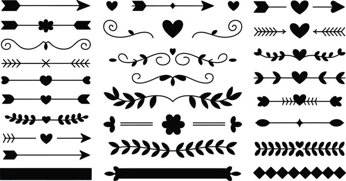 A collection of various black arrows and decorative elements on a white background including hearts and leaves for 07.eps