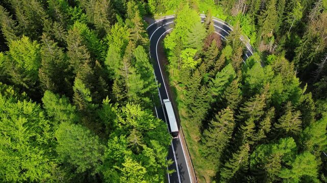 Aerial view of mountain serpentine road with white heavy truck. Trucking, cargo delivery, transport. Wavy highway in the forrest.