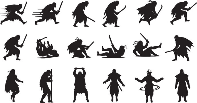 Set of eighteen black silhouette illustrations of ancient warriors, samurais, and ninjas in diverse action poses including sword fighting, sprinting, falling, and standing.