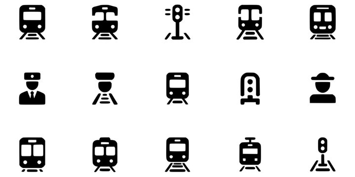 Trains and Transportation Icons Set Featuring Various Train Types, Personnel, and Symbols Featuring Icon, Conductor, Ticket with Platform and Subway