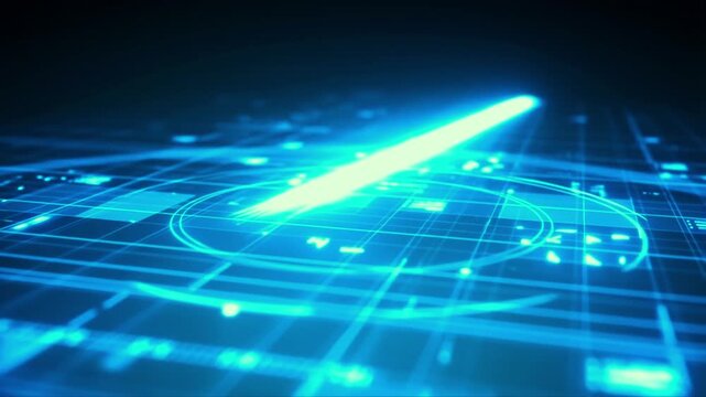 Futuristic UI Interface: A dazzling neon blue digital interface, showcasing a futuristic heads-up display with intricate geometric patterns and a glowing target.